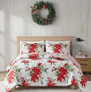DESIGNER LAB NEW! Poinsettias 3-Pc. REVERSABLE Comforter Set FULL/QUEEN …